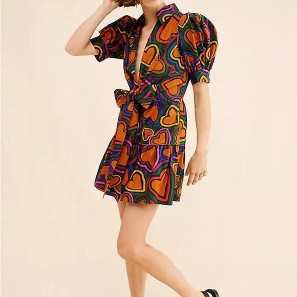 Anthropologie FARM Rio puff sleeve bow front colorful Heart Print Mini Dress M - Picture 1 of 8